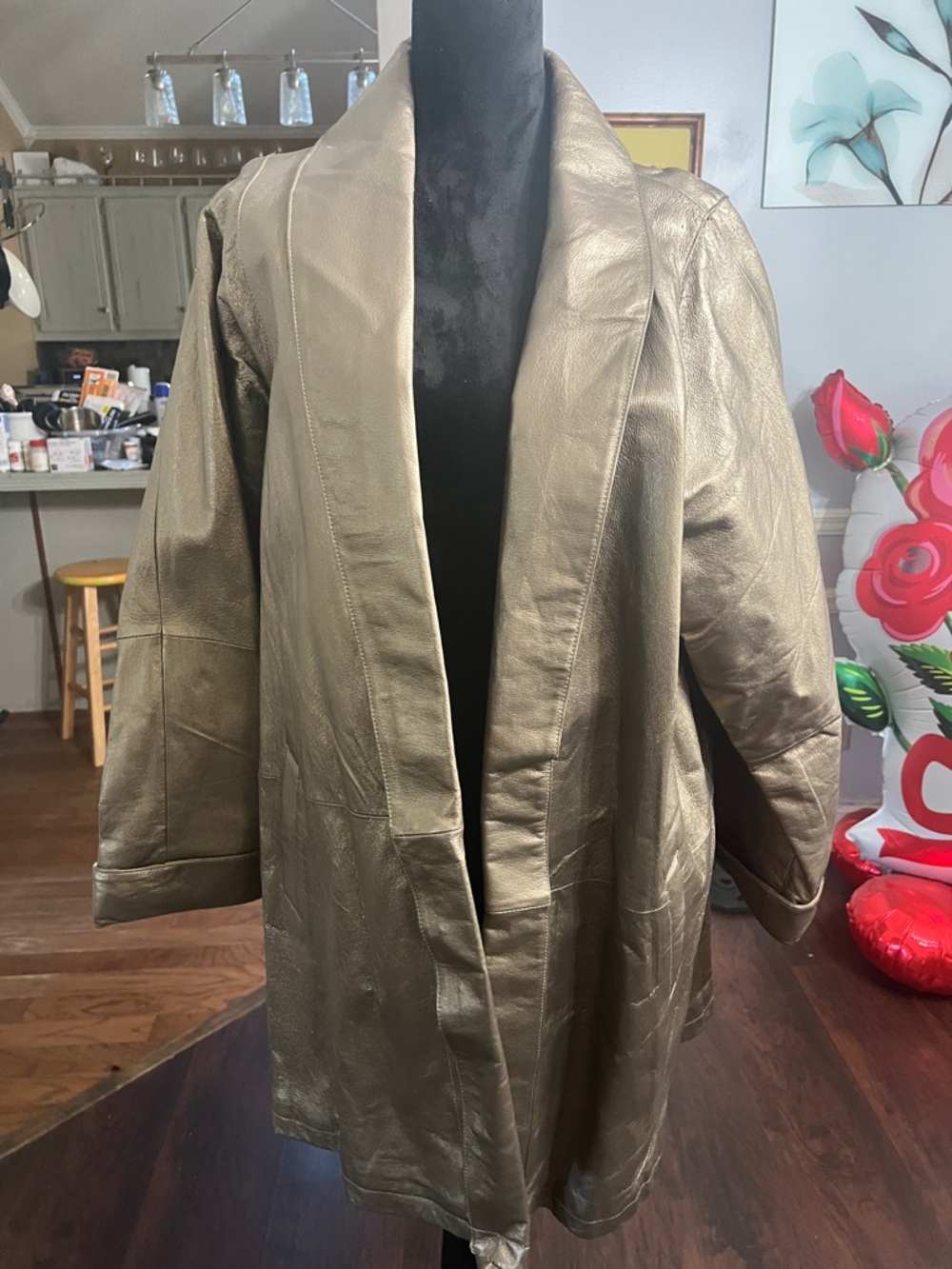 Olive Metallic Leather Open-Front Jacket